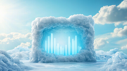 futuristic bar chart carved into icy glacier, showcasing data visualization in stunning landscape