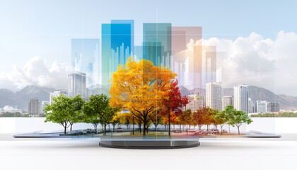 futuristic chart displayed on augmented reality platform with vibrant trees and city skyline