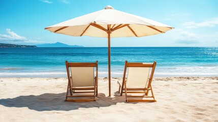 Fototapeta premium A serene beach scene featuring two colorful chairs positioned under a large umbrella, inviting relaxation by the ocean waves.