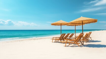 A vibrant beach scene featuring numerous colorful chairs and umbrellas set against the sparkling water, inviting relaxation and enjoyment under the sun.
