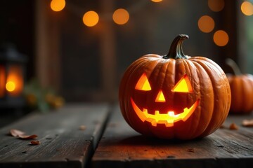 Fototapeta premium Carved wooden pumpkin with glowing lantern on rustic table, table, pumpkin, wooden pumpkins autumn decorations seasonal fall decor