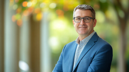 Obraz premium Portrait of a confident man wearing a blue blazer and glasses outdoors suit male green model style