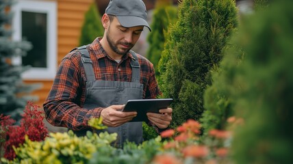 A male gardener at the greenhouse using a smart tablet..