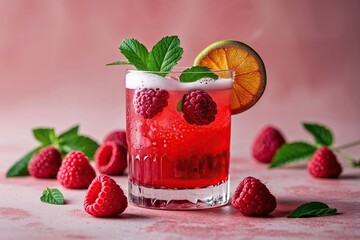 Vibrant Raspberry Drink with Green Garnish on Soft Blush Background