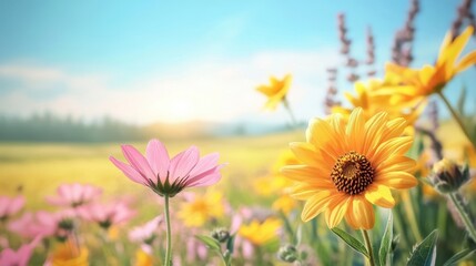Fototapeta premium A vibrant field blooms with numerous yellow and pink flowers, showcasing nature's beauty and diversity in colors and forms.