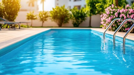 Fototapeta premium A serene pool features a ladder positioned centrally, inviting relaxation and enjoyment on a sunny day.