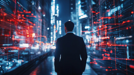 Businessman walking through futuristic city digital technology background red data code blue neon