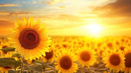 Fototapeta premium A vibrant field of sunflowers under a stunning sunset, showcasing nature's beauty and tranquility in a picturesque landscape.