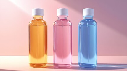 Three cosmetic bottles in pastel shades on a pink backdrop