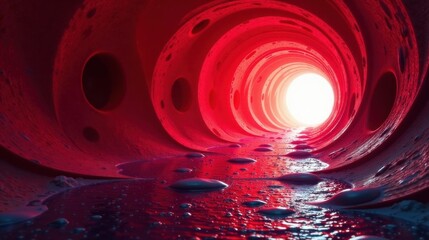 Crimson Passage An Abstract Journey Through a Biomorphic Tunnel Towards a Glowing Light