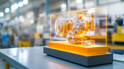 glowing diagram of machine inner workings displayed in factory
