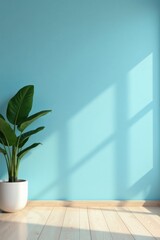 Serene Minimalist Interior Light Blue Wall, Hardwood Floor, and Potted Plant in Sunlit Room
