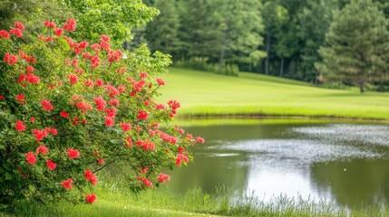 A vibrant red bush adorned with flowers gracefully frames a tranquil pond, creating a serene and picturesque natural scene.
