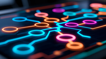 vibrant holographic decision tree diagram with colorful nodes and connections, showcasing advanced technology and data