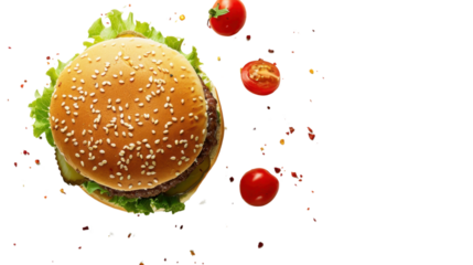 Delicious hamburger floating with lettuce, tomatoes, and spices on transparent background
