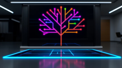 vibrant holographic decision tree diagram displayed in modern office
