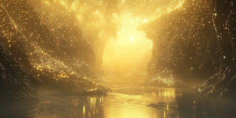 A surreal, dreamlike atmosphere where the sky glows with soft, golden light.