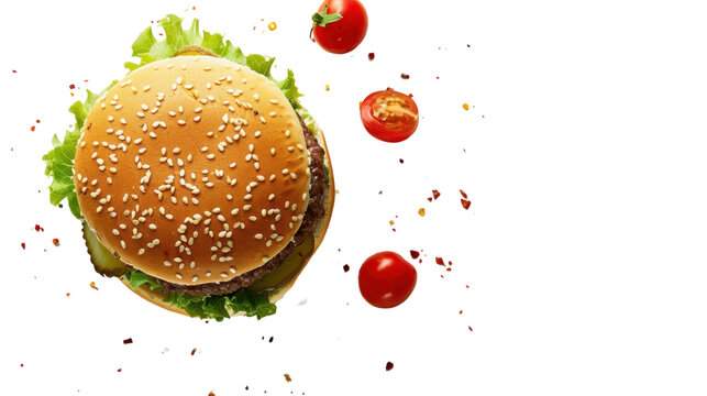 Delicious hamburger floating with lettuce, tomatoes, and spices on transparent background - Powered by Adobe