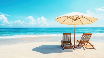 Obraz premium Two chairs and a colorful umbrella are set up on the sandy beach, creating a relaxing atmosphere for sunbathing and enjoying the seaside.