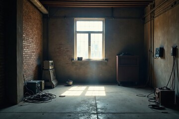 Sunlit Industrial Interior Abandoned Workshop with Vintage Machinery and Electrical Equipment