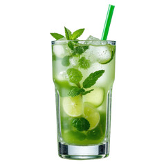 Mojito in a glass with green straw, mint, lime slices and transparent background