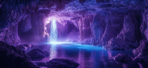 Enchanting Underground Grotto with Illuminated Waterfall and Stalactites
