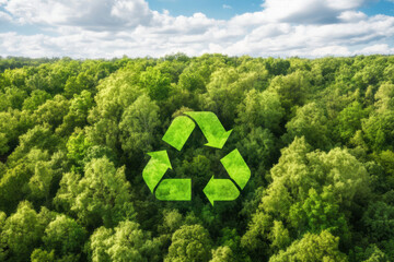 Naklejka premium Aerial view of lush green forest with prominent recycling symbol, emphasizing eco friendliness and sustainability. vibrant foliage reflects healthy ecosystem