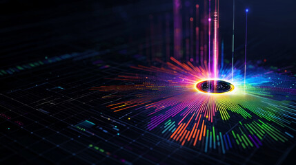 vibrant radial chart with colorful data visualization elements radiates from central point, showcasing futuristic design