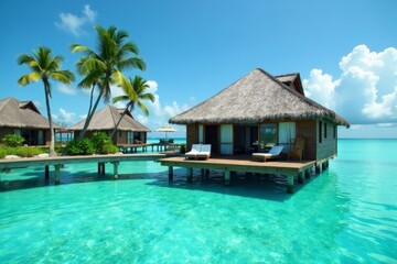 Fototapeta premium Luxurious overwater bungalow, emerald lagoon access, holiday destination, travel, sun