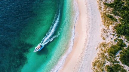 Aerial perspective showcasing a boat resting on a beach adjacent to a sandy shoreline, highlighting the tranquil coastal environment.