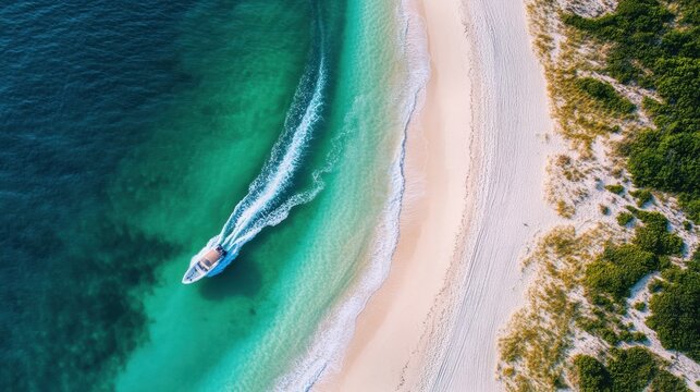 Aerial perspective showcasing a boat resting on a beach adjacent to a sandy shoreline, highlighting the tranquil coastal environment.