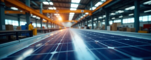 Solar panels & recycled materials in a factory, waste management, remanufacturing