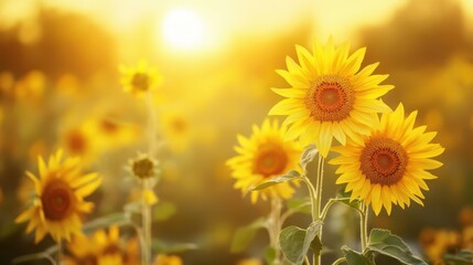 Obraz premium A vibrant field filled with numerous sunflowers swaying gently in the breeze under a clear blue sky.