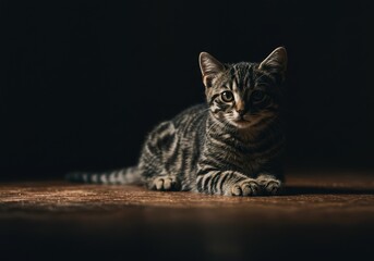Captivating Photograph of a Charming Tabby Cat Relaxing on a Wooden Floor in Moody Lighting