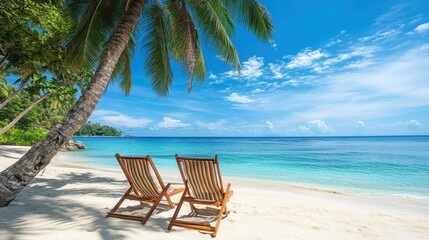Two chairs on a sandy beach beside a palm tree, with the serene ocean stretching out in the background, creating a perfect relaxation spot.