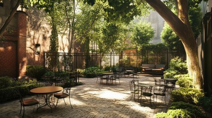 A backyard patio with seating under a leafy tree canopy.