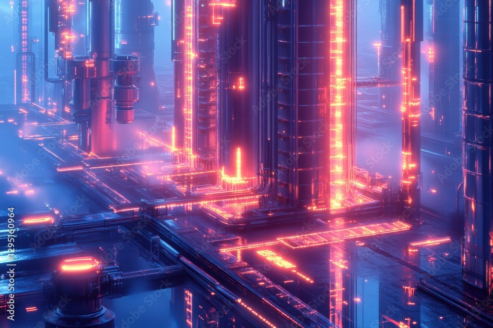 Aufkleber futuristic gas power plant with glowing neon pipelines in a high tech urban environment. generative 