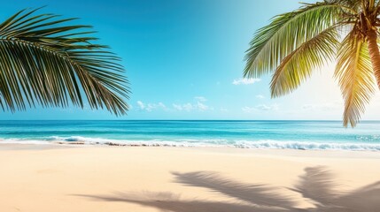 A solitary palm tree stands on a sandy beach, overlooking the tranquil ocean waves under a clear sky.