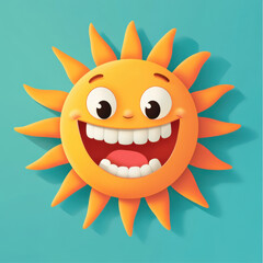 cheerful animated sun with big smile and bright orange rays, set against turquoise background, radiating happiness and warmth