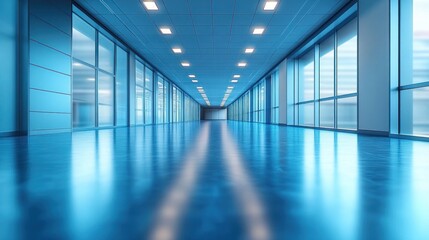 Empty, modern, blue hallway, perspective view, sleek, polished floor, bright lights, windows, sterile, clean, spacious.