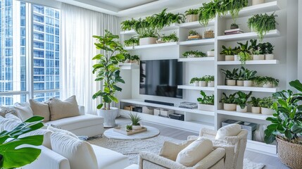 Stylish white shelves adorned with vibrant green houseplants, adding freshness to a bright and airy room.