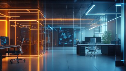 Futuristic Office with Neon Lights and Digital Displays