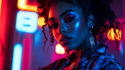 Fototapeta premium Stylish woman portrait neon lights red blue dramatic makeup fashion girl pose dark style model night