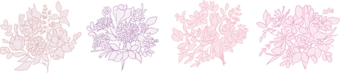 手書きの花束イラスト。ベクターの花束イラスト。花束の線画イラスト。Hand drawn bouquet illustration. Vector bouquet illustration. Line drawing illustration of a bouquet.