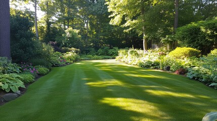 Naklejka premium A beautifully landscaped backyard with mature trees providing natural shade.