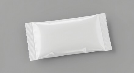 White sachet packet on gray background, clean and simple design.
