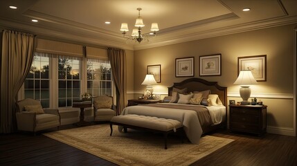 A beautiful bedroom with a statement bed, soft lighting, and natural wood accents.