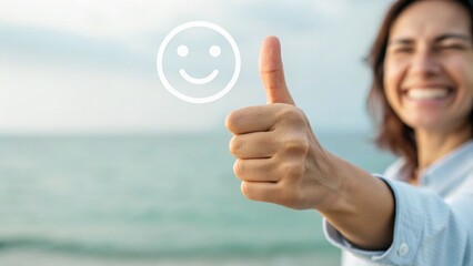 Customer Satisfaction: An enthusiastic woman expresses approval with a thumbs-up gesture in front of a peaceful ocean, representing positive feedback and happiness.