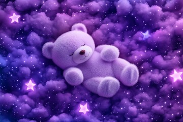 Fototapeta premium Fantasy Glowing Teddy Bear Sleeping Among Floating Stars and Dreamy Pastel Clouds