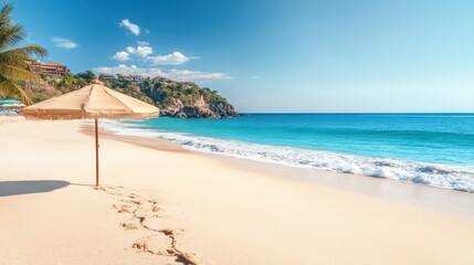 A serene beach scene featuring colorful araffes under an umbrella, accompanied by footprints etched in the soft sand.